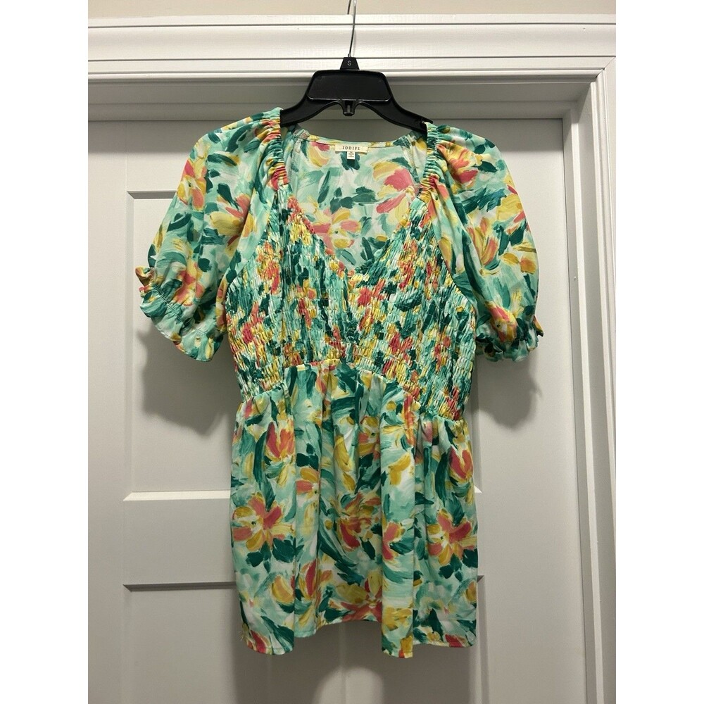 Jodifl Multicolored Floral Short Flutter Sleeve Peplum Top Women's Size Medium